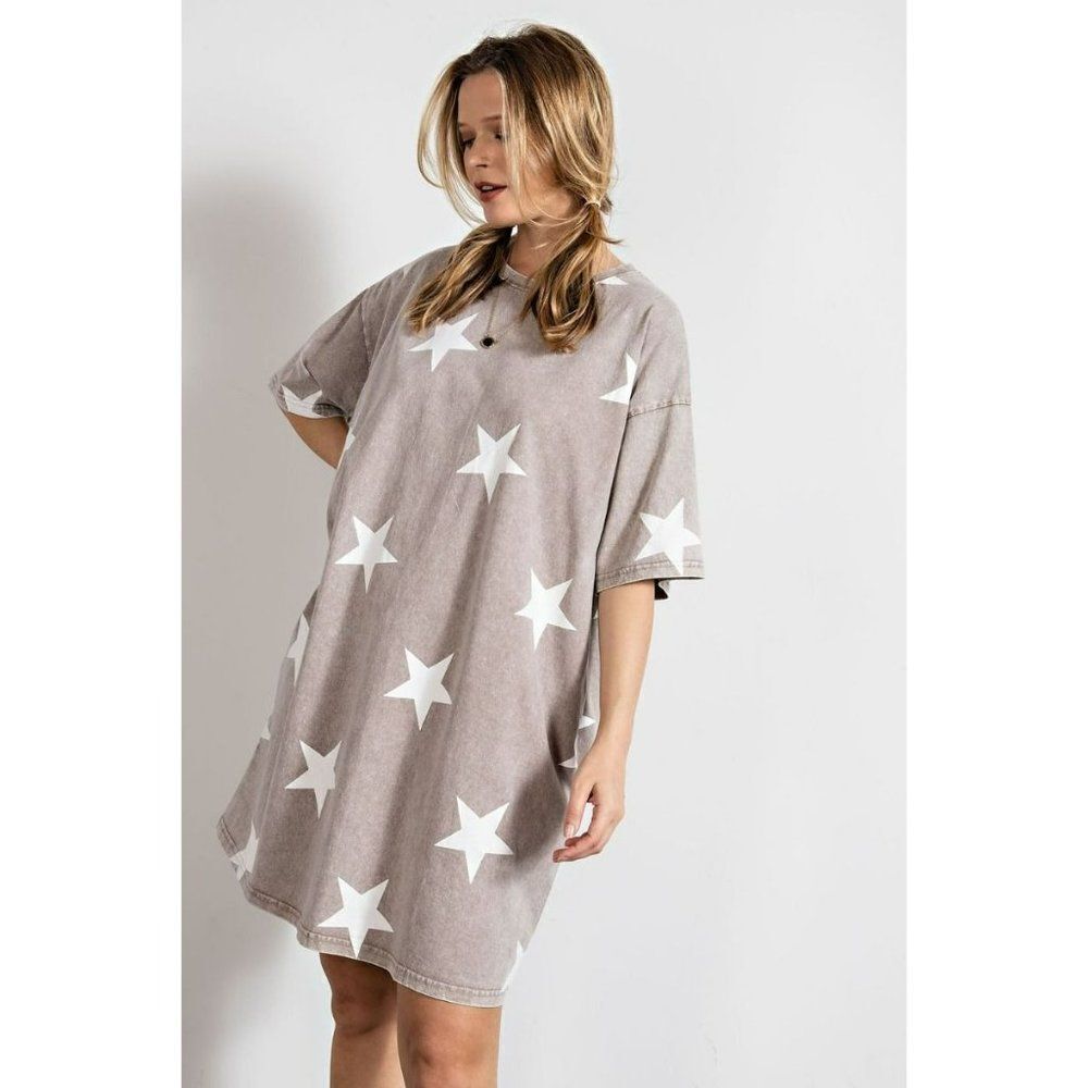 SALE! EASEL Clothing Mushroom Star Print Short Sleeve Dress Mineral Wash ED17082 - Picture 3 of 5